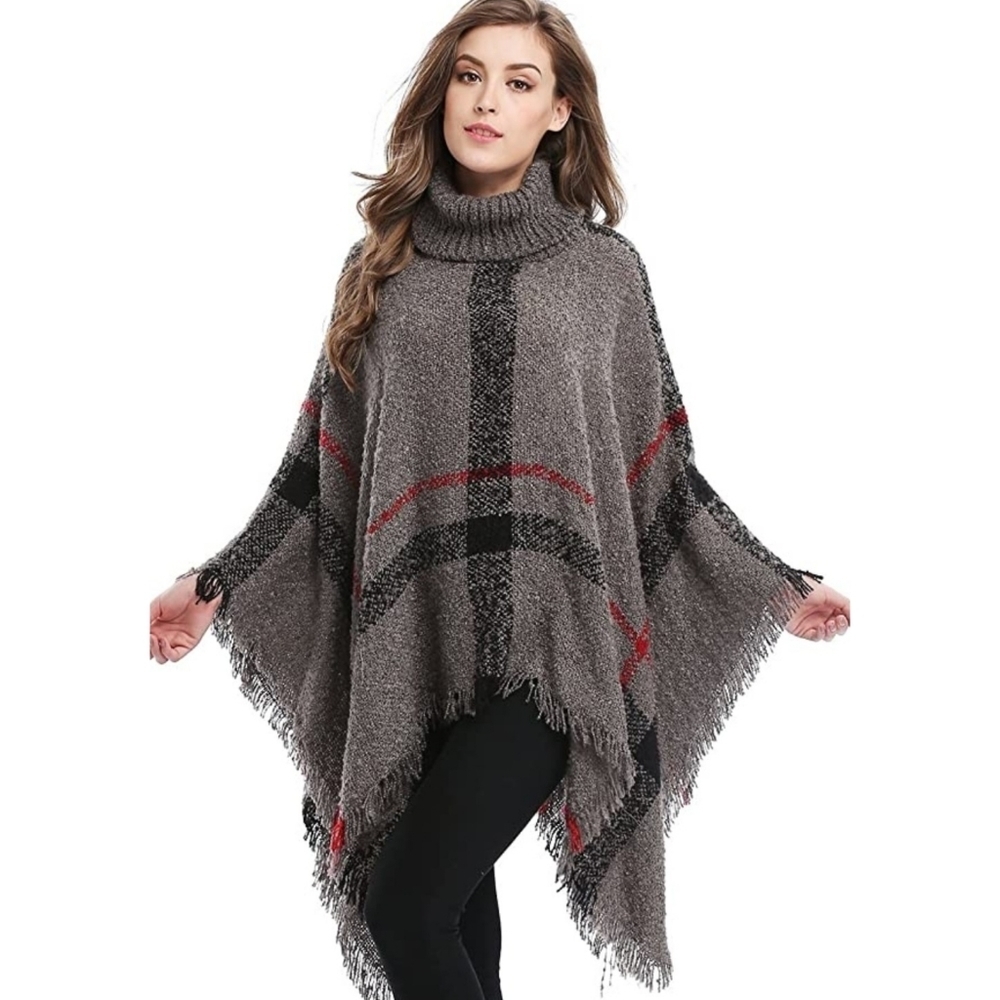 Bellady Oversized Turtleneck Poncho Sweater Gray One Size